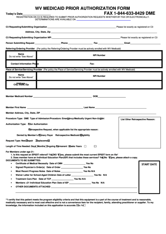 Wv Medicaid Dme Prior Authorization Request Form Dme Printable Pdf